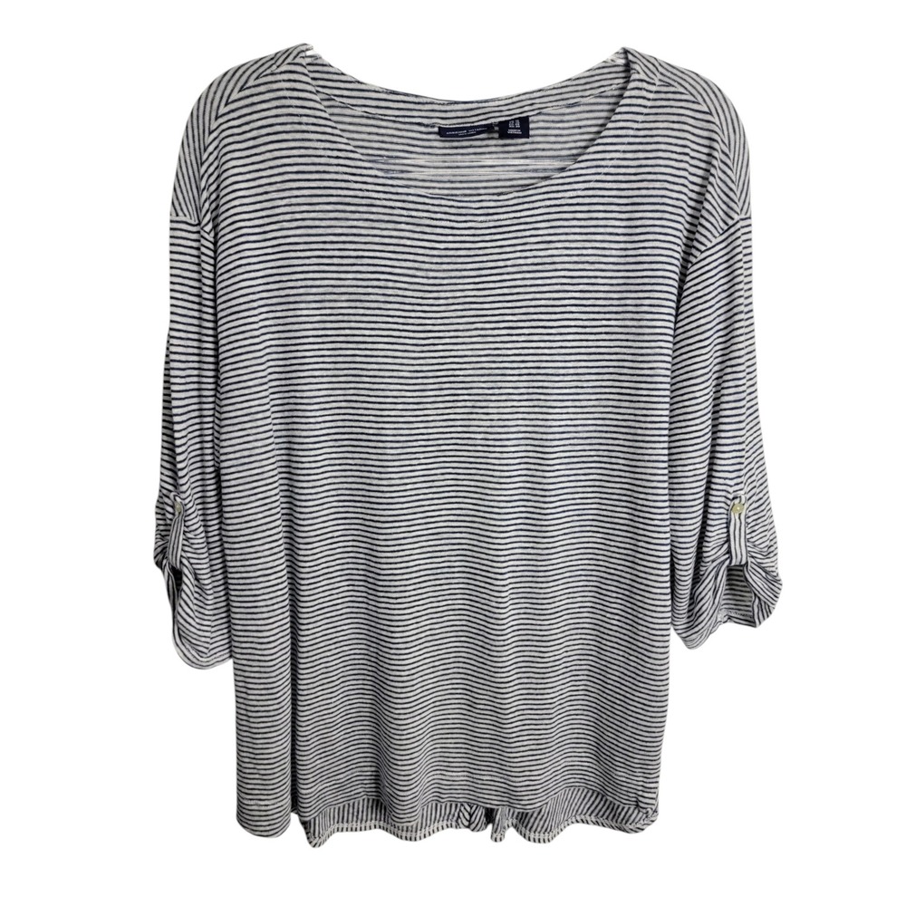 Adrienne Vittadini Womens 1X Top Blue White Striped Linen Roll Tab Button Back
